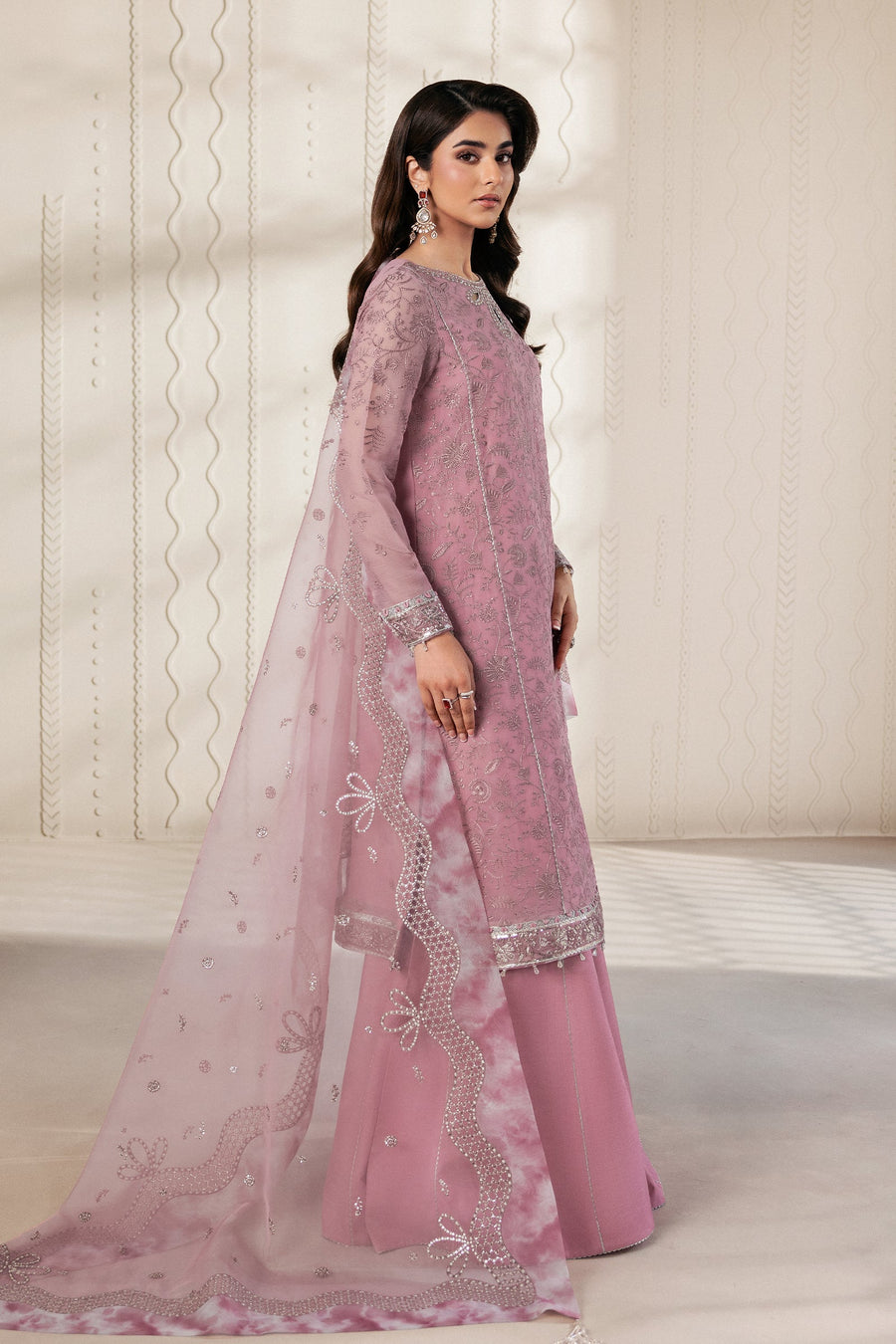 Dusty Pink Embroidered Chiffon Sharara Suit with Sequins Organza Dupatta