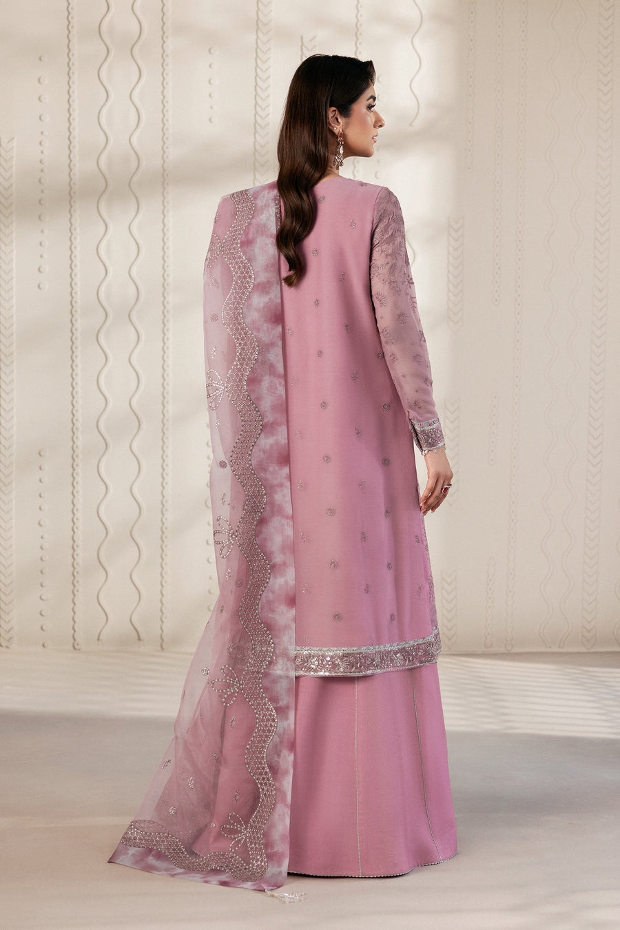 Dusty Pink Embroidered Chiffon Sharara Suit with Sequins Organza Dupatta