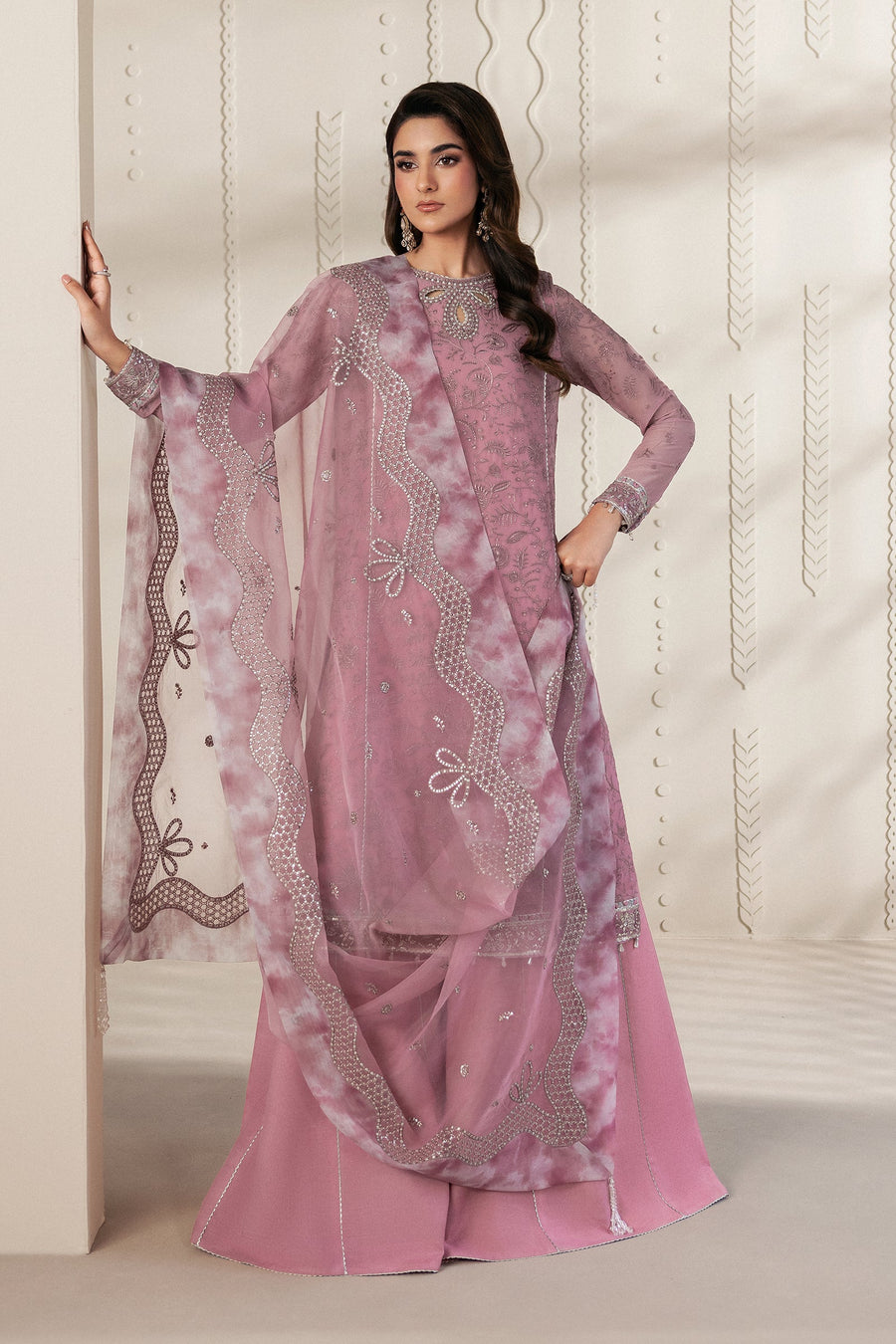 Dusty Pink Embroidered Chiffon Sharara Suit with Sequins Organza Dupatta