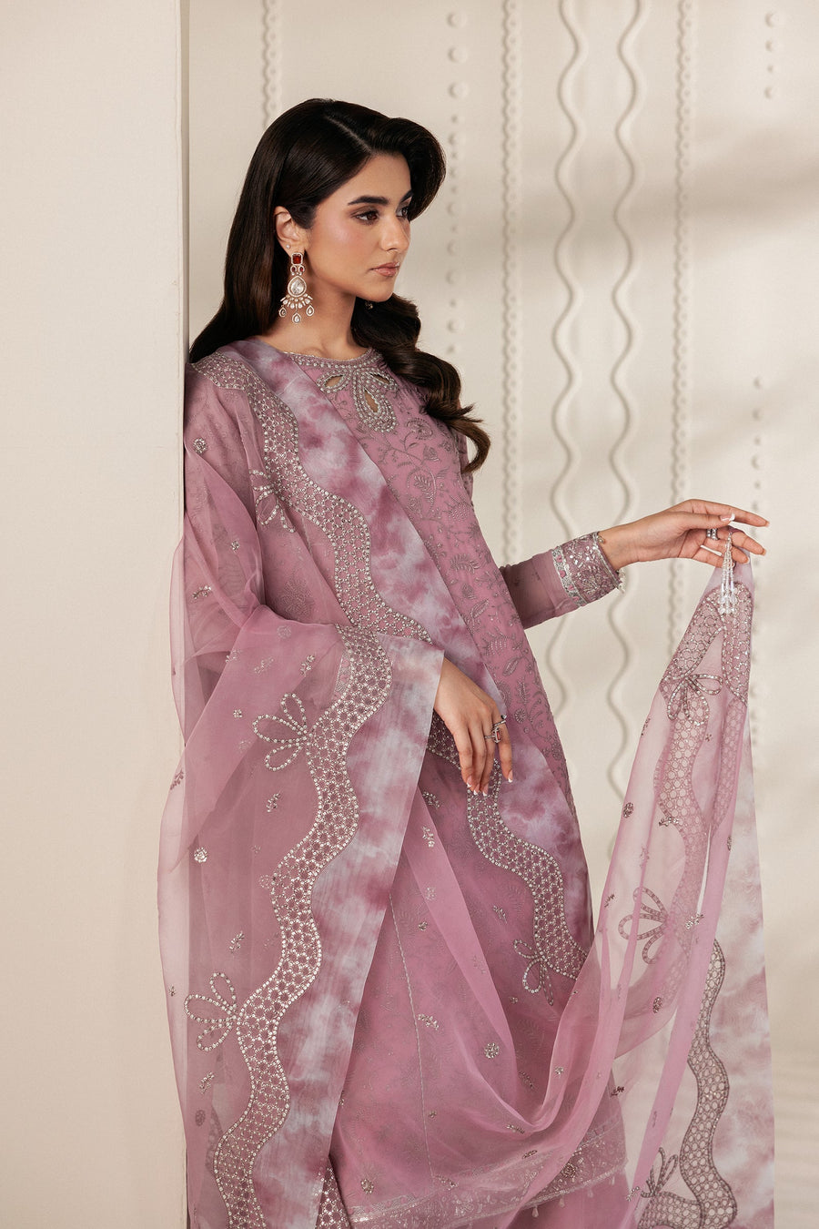 Dusty Pink Embroidered Chiffon Sharara Suit with Sequins Organza Dupatta