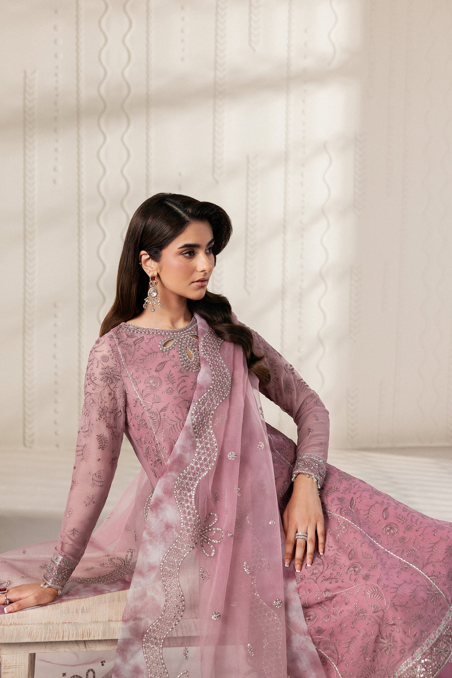 Dusty Pink Embroidered Chiffon Sharara Suit with Sequins Organza Dupatta
