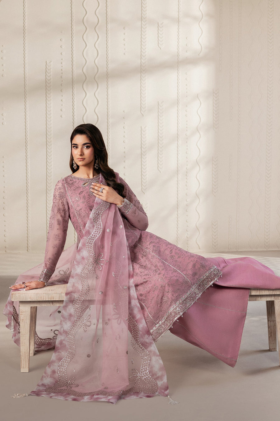 Dusty Pink Embroidered Chiffon Sharara Suit with Sequins Organza Dupatta