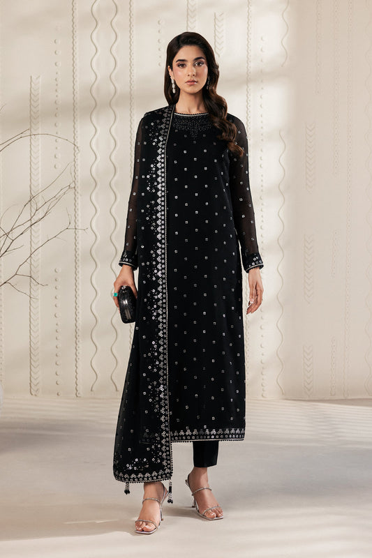 Black Sequins Embroidered Chiffon Suit with Raw Silk Trousers and Chiffon Dupatta