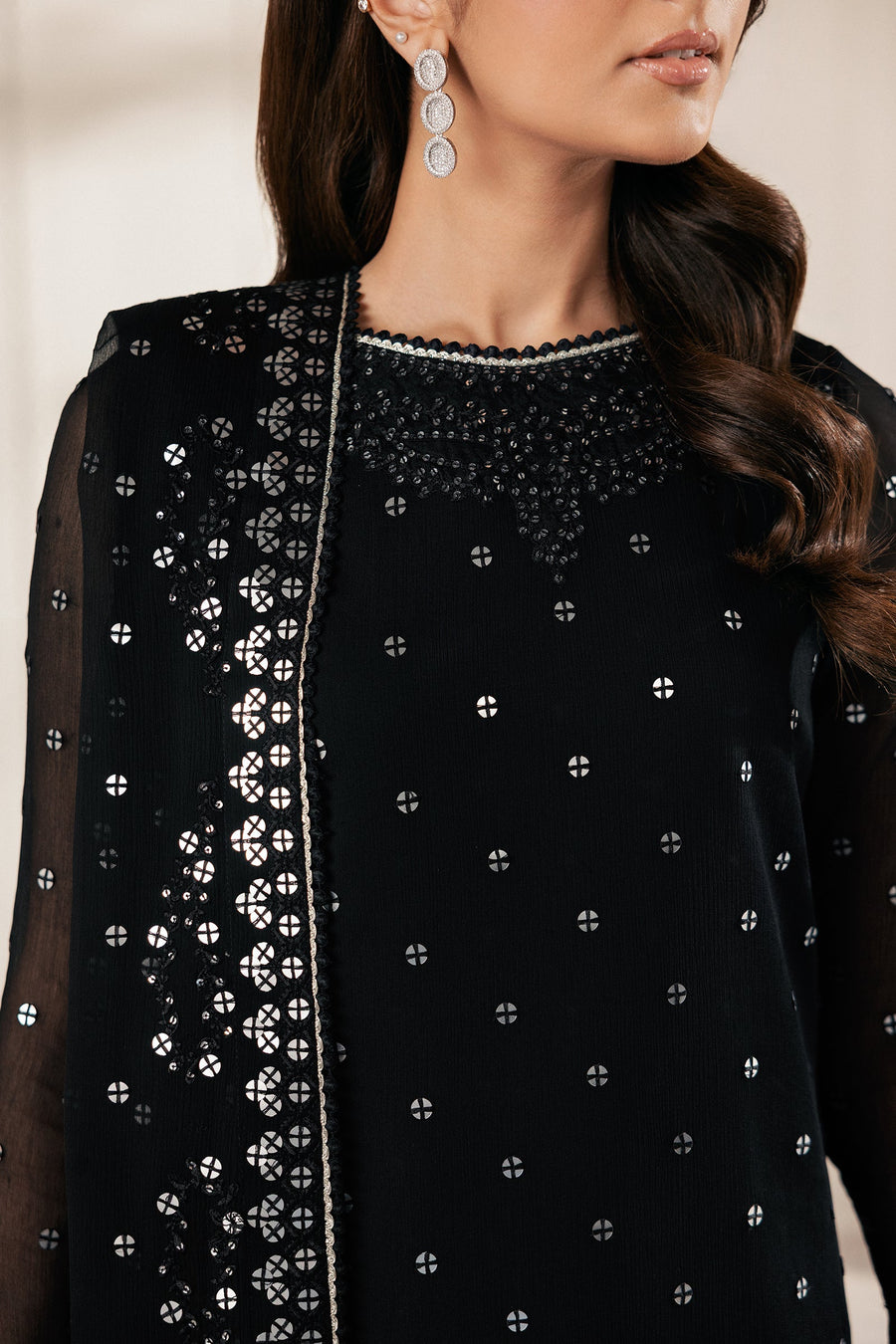 Black Sequins Embroidered Chiffon Suit with Raw Silk Trousers and Chiffon Dupatta