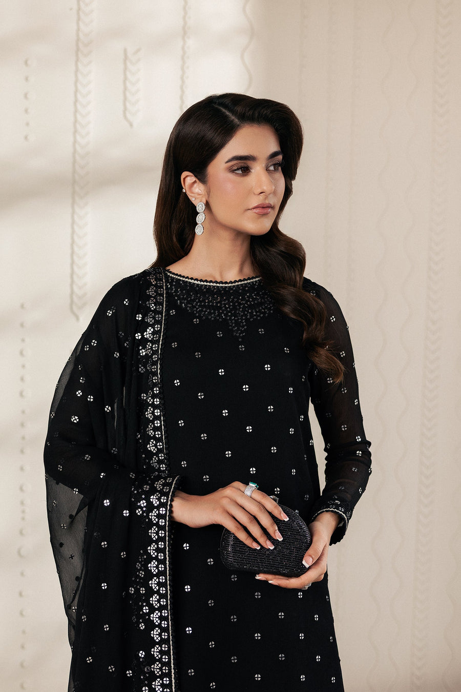 Black Sequins Embroidered Chiffon Suit with Raw Silk Trousers and Chiffon Dupatta