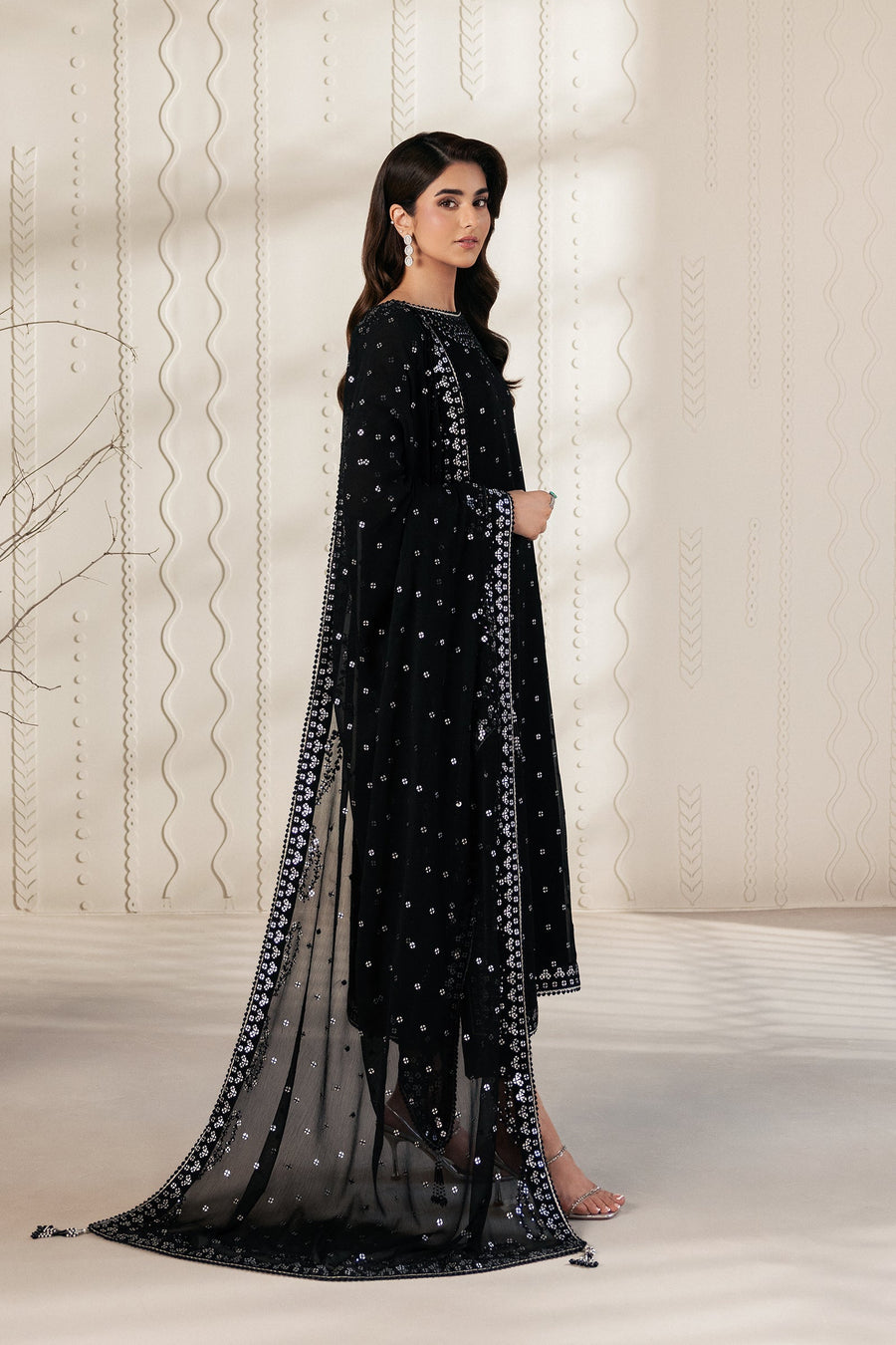 Black Sequins Embroidered Chiffon Suit with Raw Silk Trousers and Chiffon Dupatta