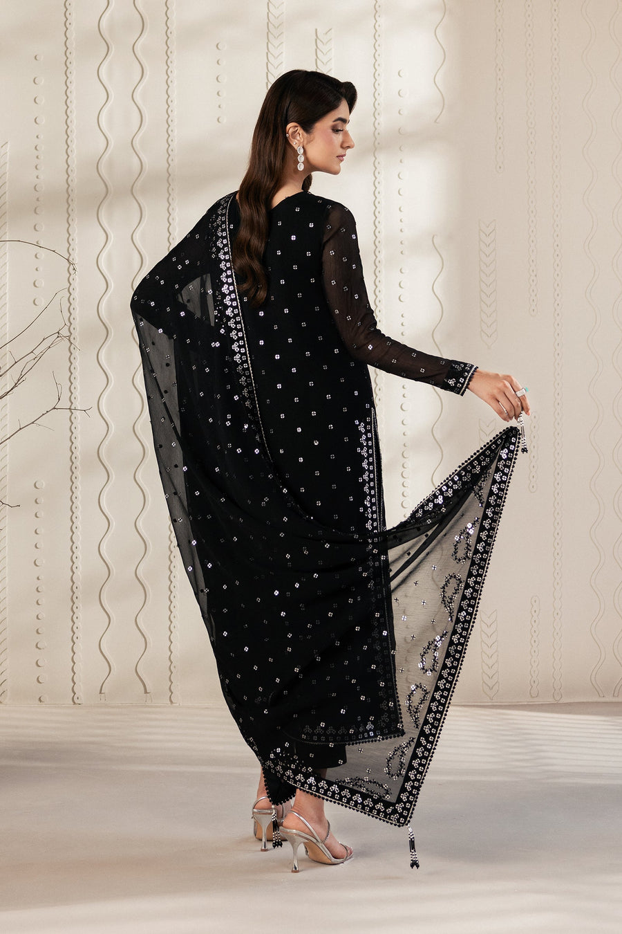 Black Sequins Embroidered Chiffon Suit with Raw Silk Trousers and Chiffon Dupatta