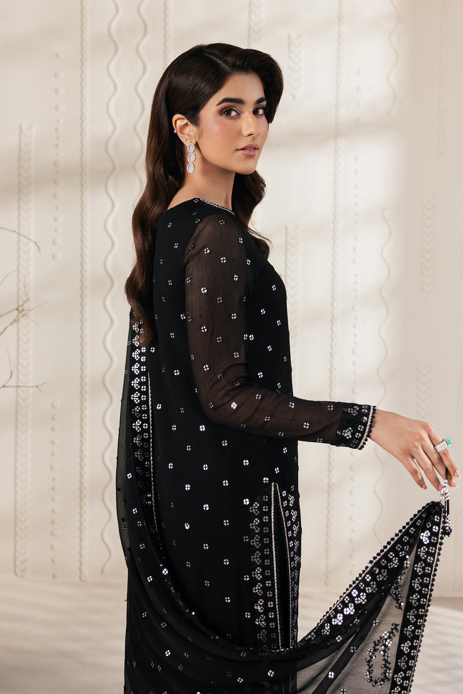 Black Sequins Embroidered Chiffon Suit with Raw Silk Trousers and Chiffon Dupatta