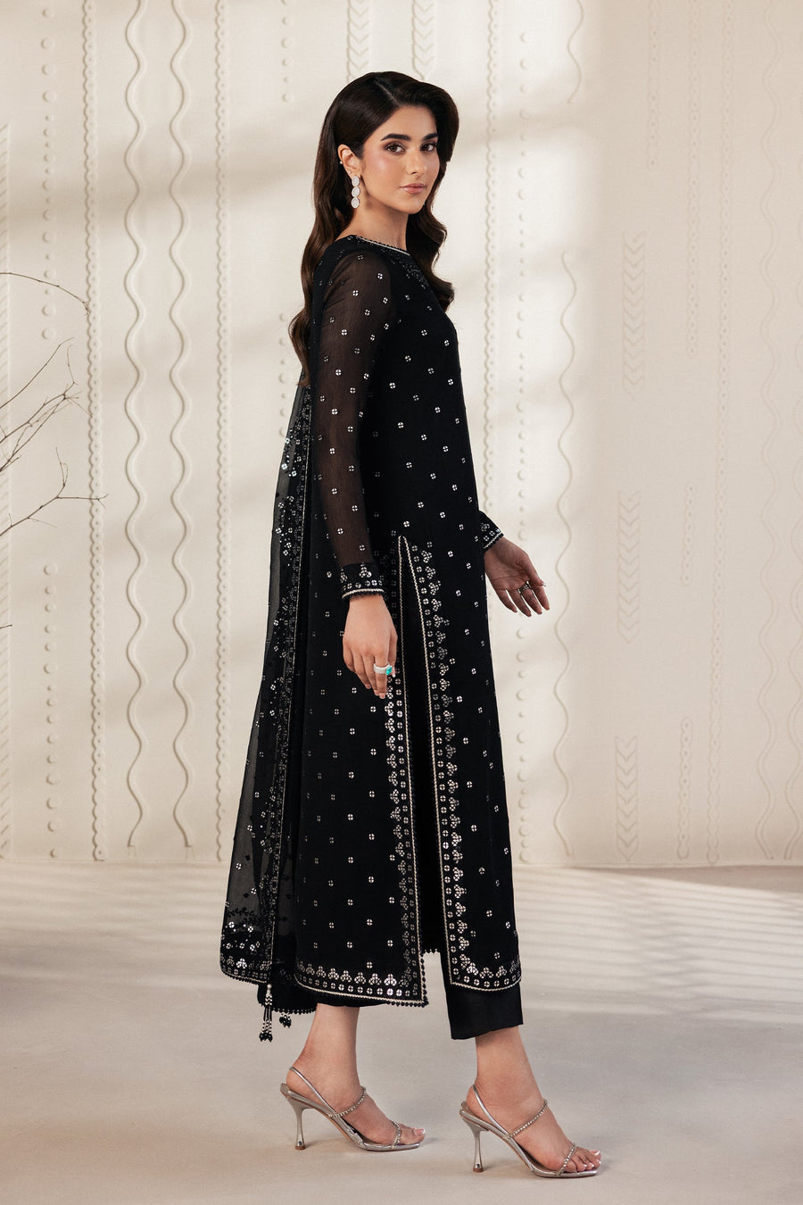 Black Sequins Embroidered Chiffon Suit with Raw Silk Trousers and Chiffon Dupatta