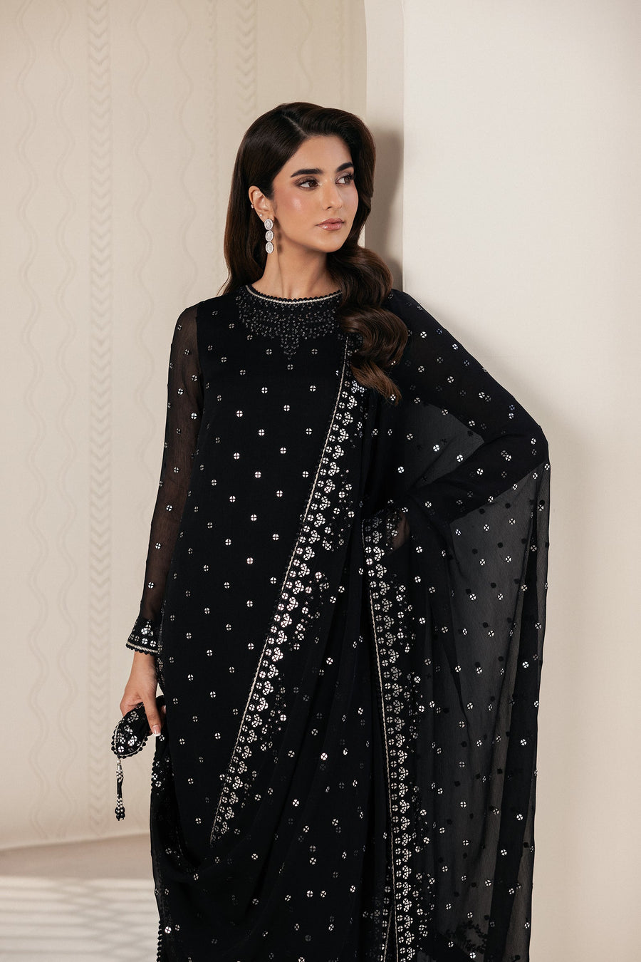 Black Sequins Embroidered Chiffon Suit with Raw Silk Trousers and Chiffon Dupatta