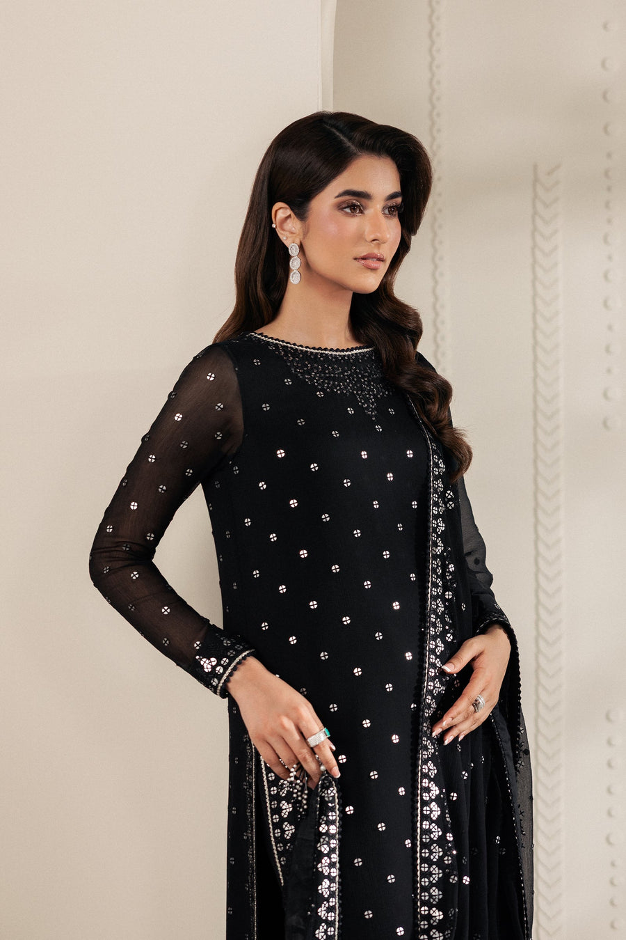 Black Sequins Embroidered Chiffon Suit with Raw Silk Trousers and Chiffon Dupatta