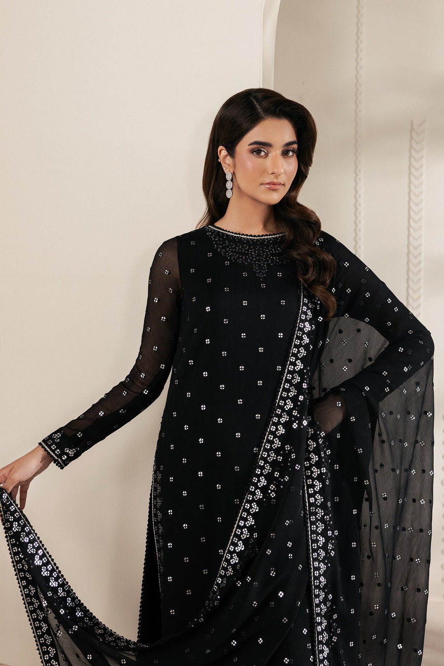 Black Sequins Embroidered Chiffon Suit with Raw Silk Trousers and Chiffon Dupatta