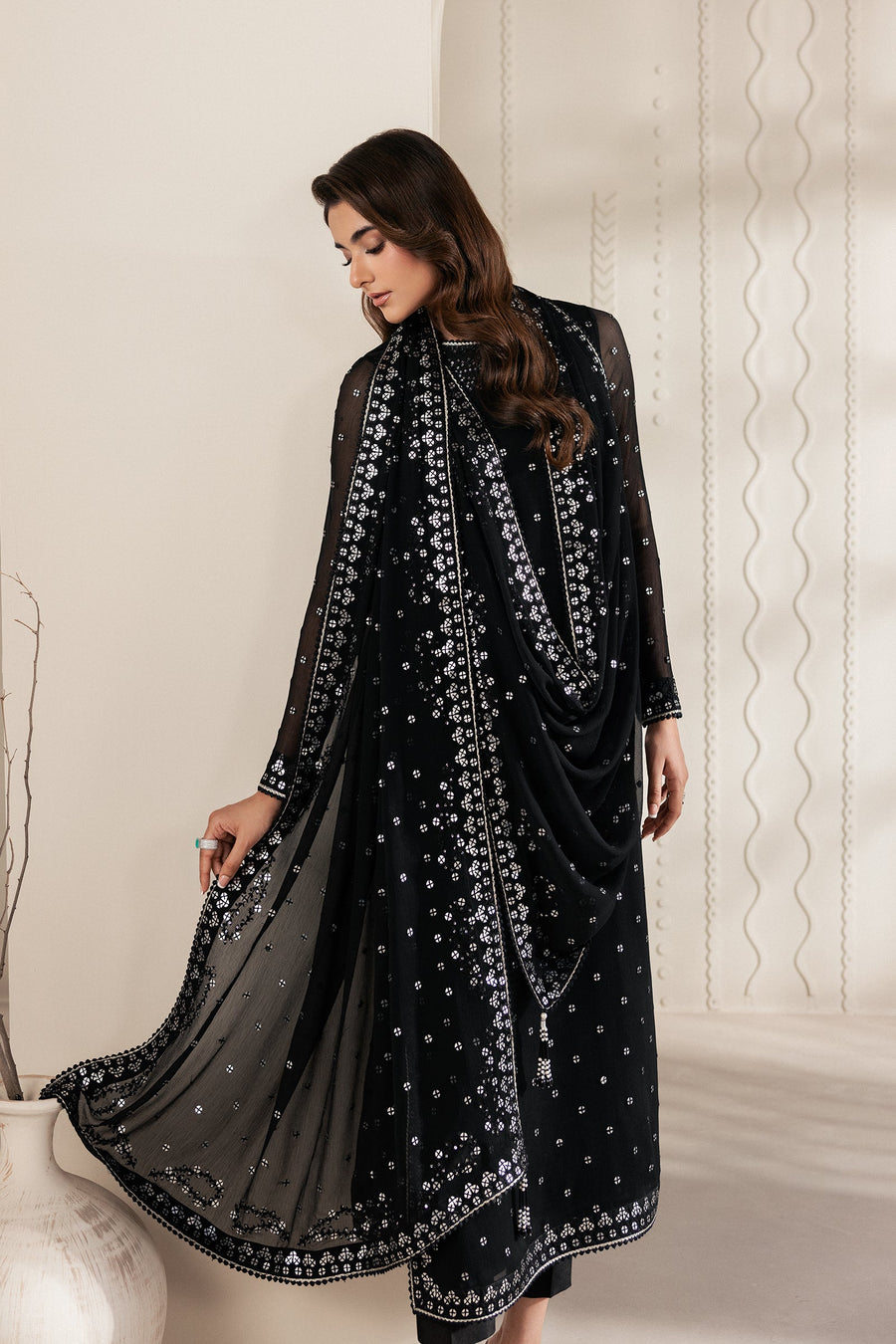 Black Sequins Embroidered Chiffon Suit with Raw Silk Trousers and Chiffon Dupatta