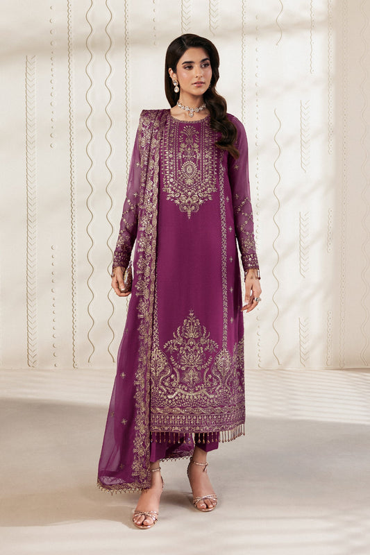 Purple Sequins Embroidered Chiffon Suit with Raw Silk Trousers and Chiffon Dupatta