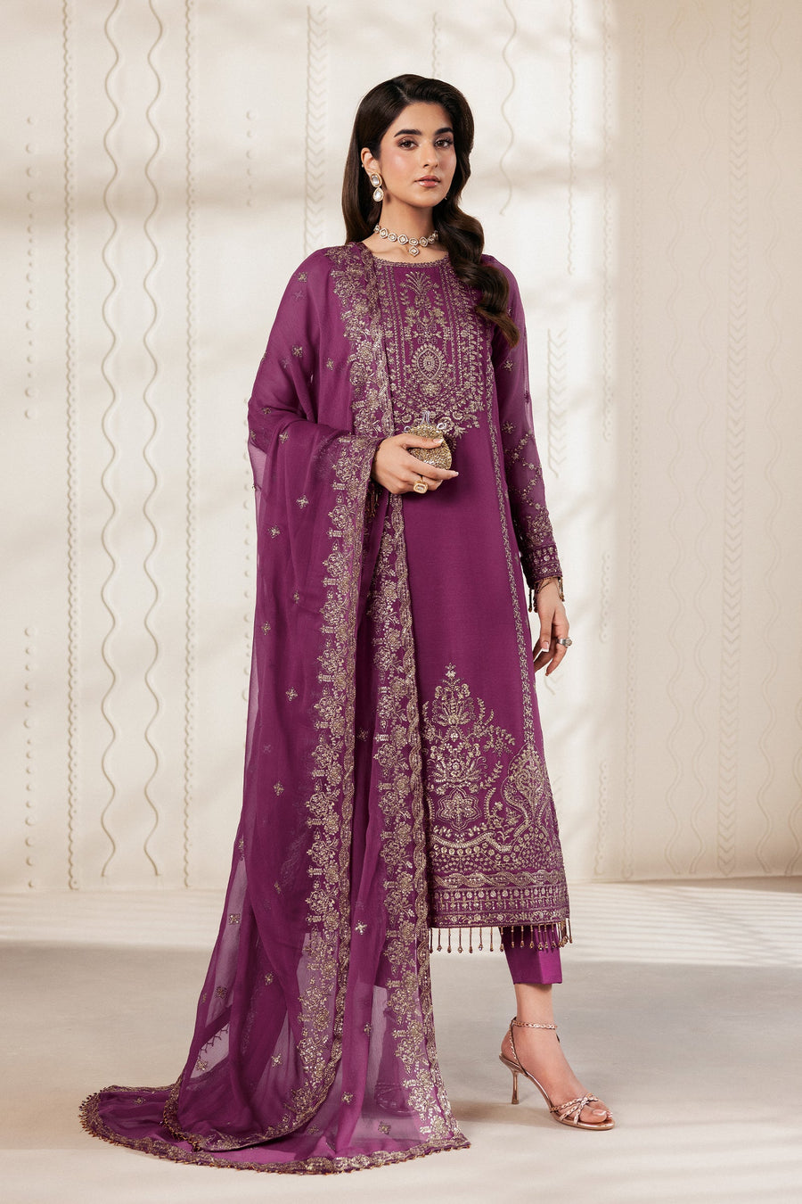 Purple Sequins Embroidered Chiffon Suit with Raw Silk Trousers and Chiffon Dupatta