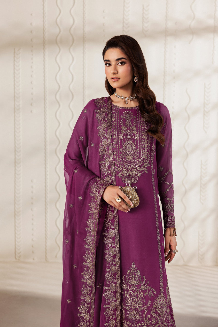 Purple Sequins Embroidered Chiffon Suit with Raw Silk Trousers and Chiffon Dupatta