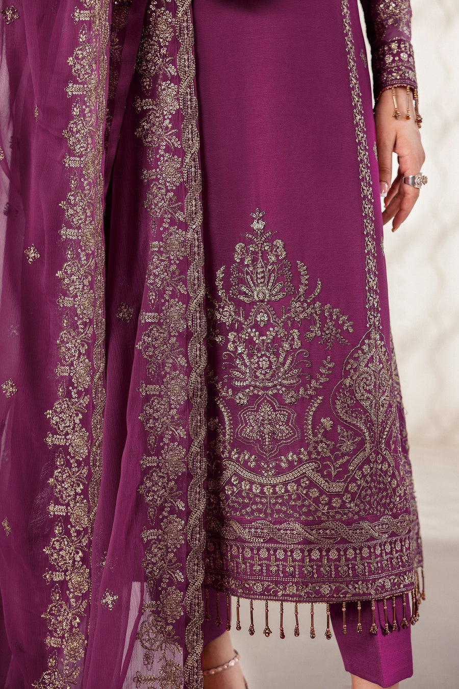 Purple Sequins Embroidered Chiffon Suit with Raw Silk Trousers and Chiffon Dupatta