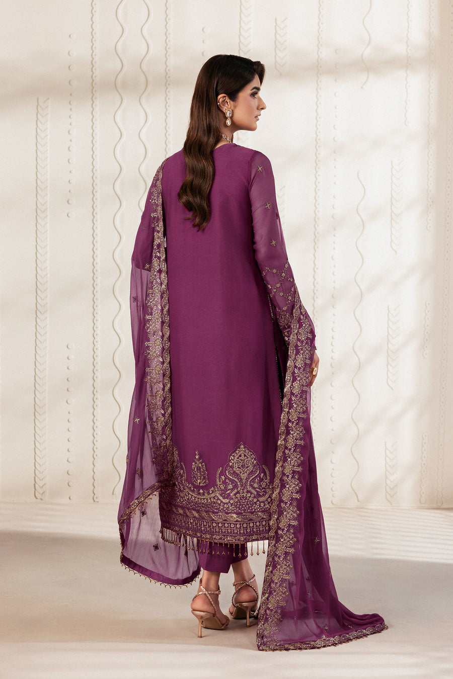 Purple Sequins Embroidered Chiffon Suit with Raw Silk Trousers and Chiffon Dupatta