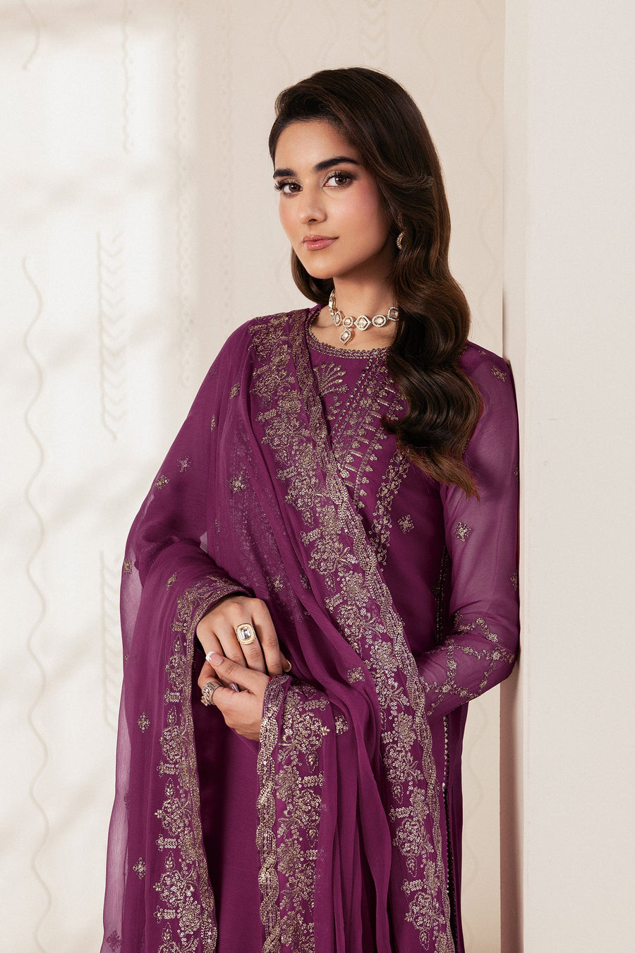 Purple Sequins Embroidered Chiffon Suit with Raw Silk Trousers and Chiffon Dupatta