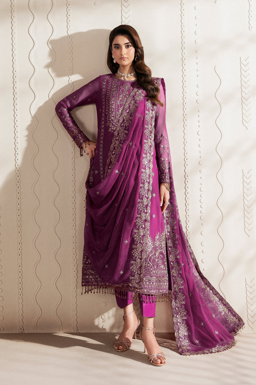 Purple Sequins Embroidered Chiffon Suit with Raw Silk Trousers and Chiffon Dupatta