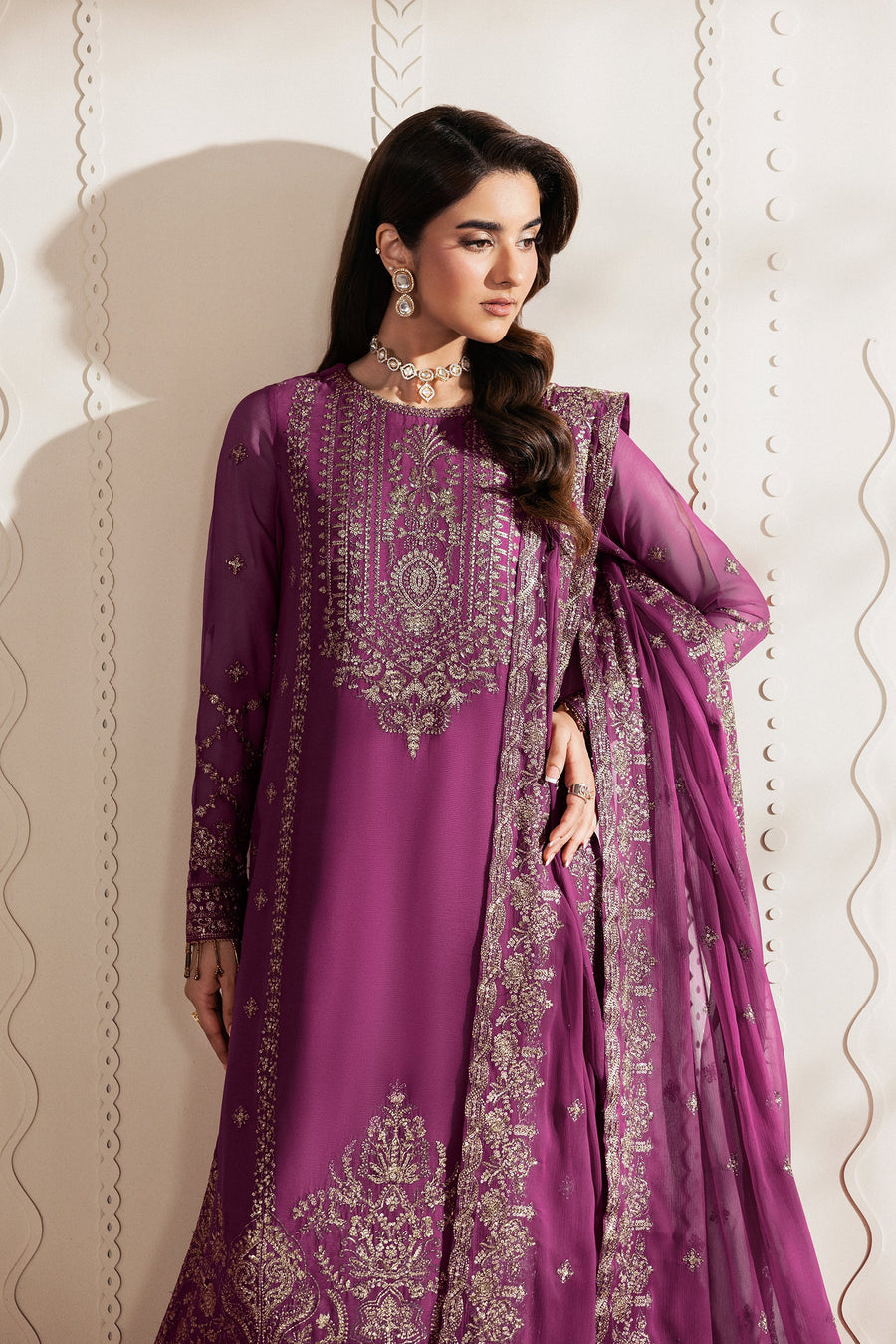 Purple Sequins Embroidered Chiffon Suit with Raw Silk Trousers and Chiffon Dupatta