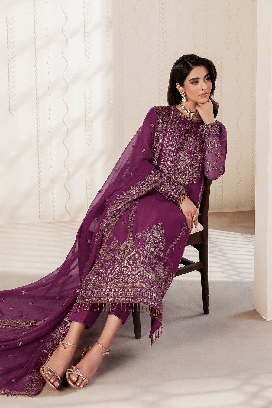 Purple Sequins Embroidered Chiffon Suit with Raw Silk Trousers and Chiffon Dupatta