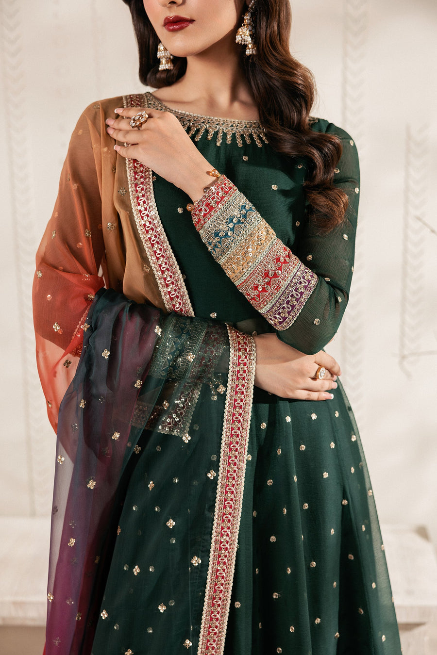 Emerald Green Sequins Embroidered Chiffon Anarkali Lehenga Suit with Multicolour Dupatta