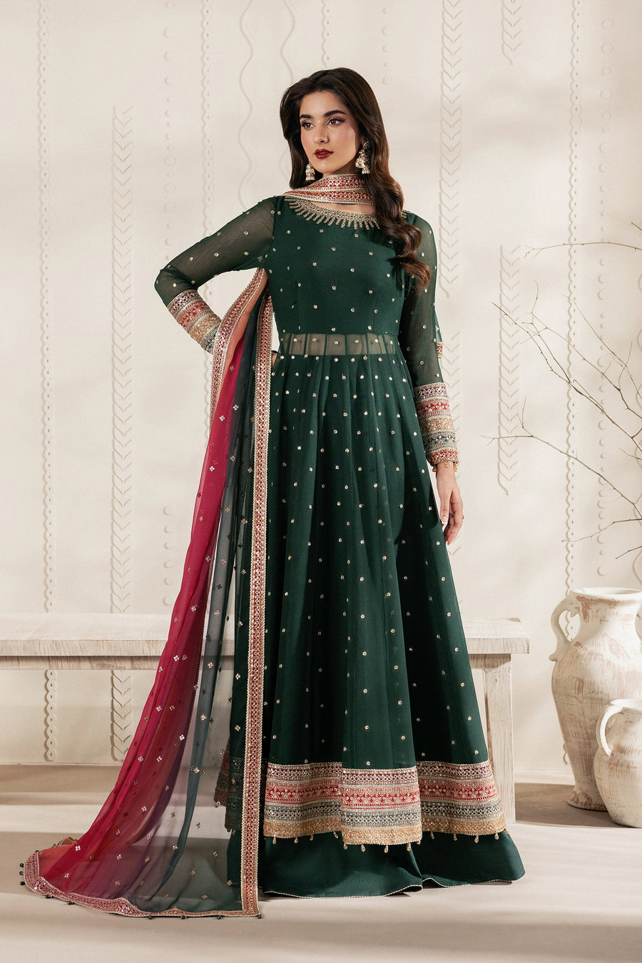 Emerald Green Sequins Embroidered Chiffon Anarkali Lehenga Suit with Multicolour Dupatta