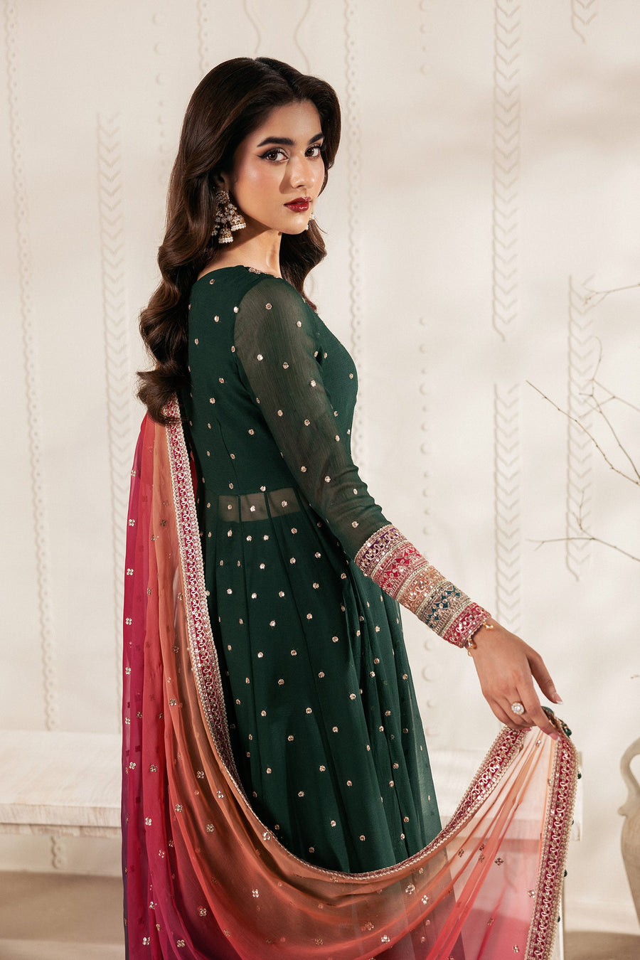 Emerald Green Sequins Embroidered Chiffon Anarkali Lehenga Suit with Multicolour Dupatta