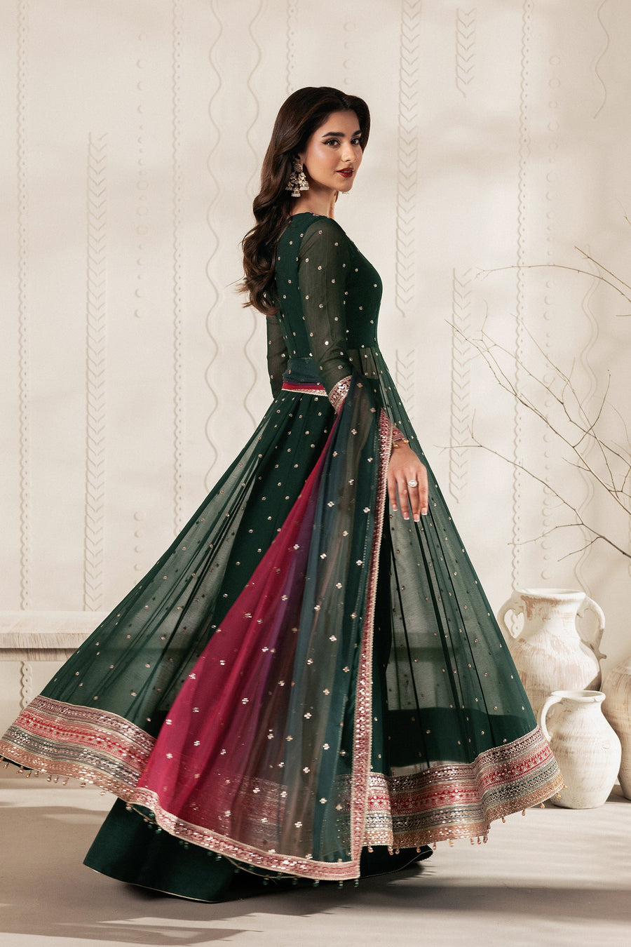Emerald Green Sequins Embroidered Chiffon Anarkali Lehenga Suit with Multicolour Dupatta