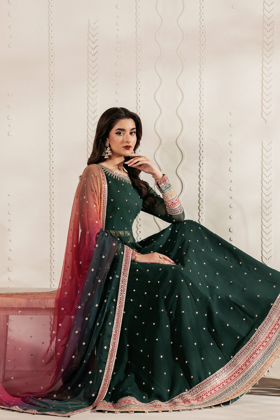 Emerald Green Sequins Embroidered Chiffon Anarkali Lehenga Suit with Multicolour Dupatta