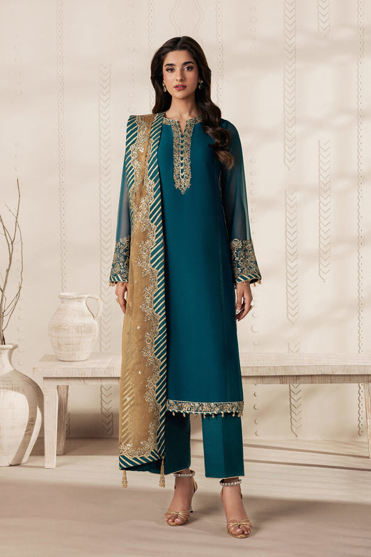 Teal Blue Sequins Embroidered Chiffon Suit with Raw Silk Trousers and Organza Dupatta