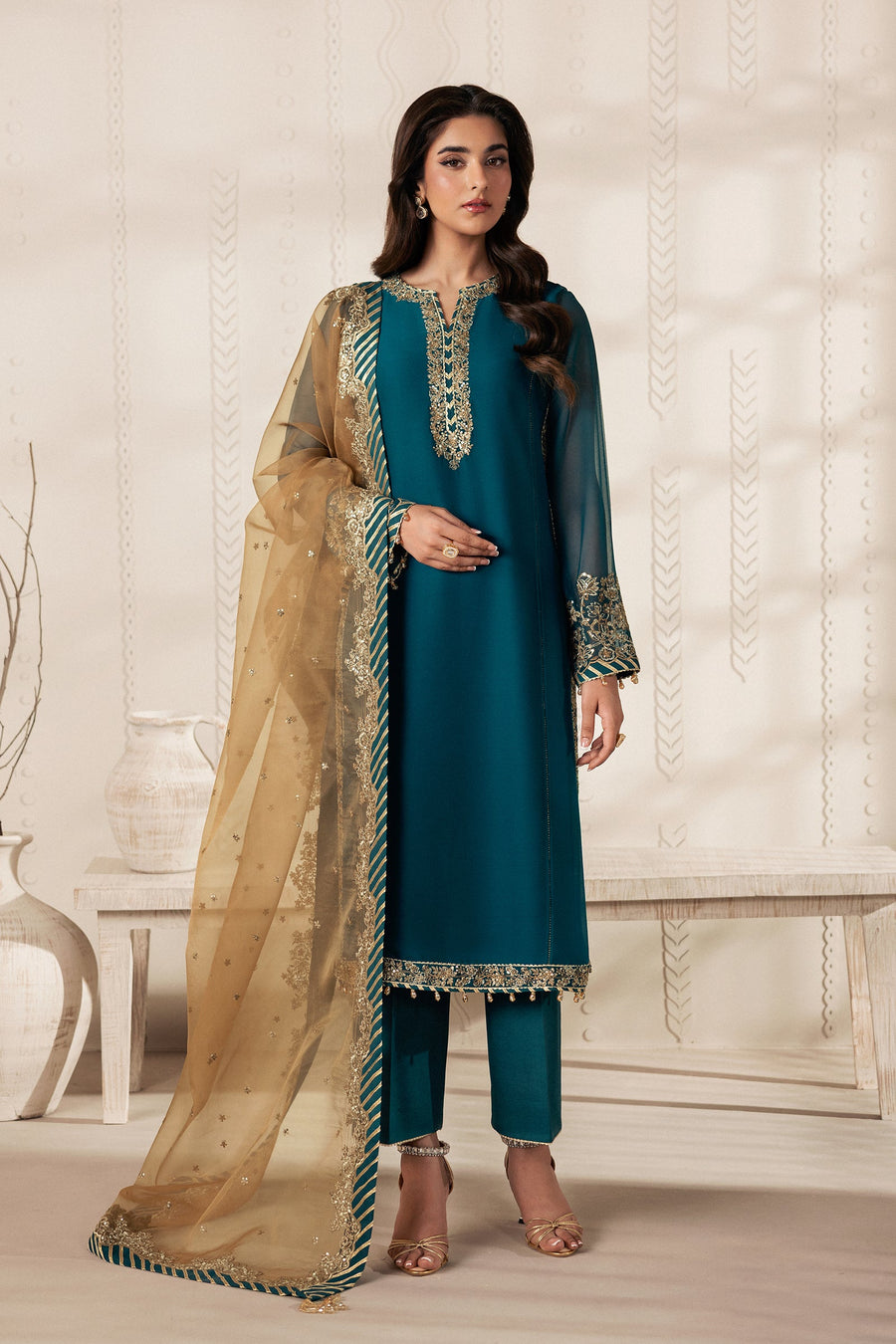 Teal Blue Sequins Embroidered Chiffon Suit with Raw Silk Trousers and Organza Dupatta