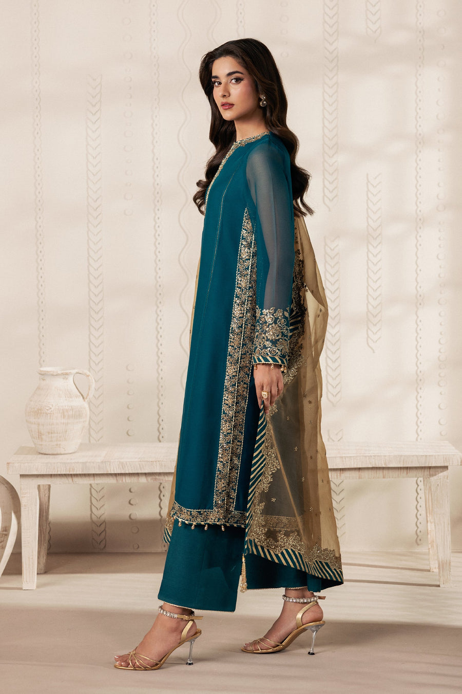 Teal Blue Sequins Embroidered Chiffon Suit with Raw Silk Trousers and Organza Dupatta
