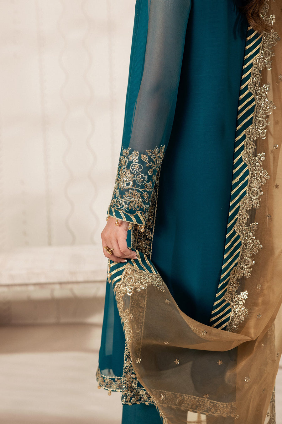 Teal Blue Sequins Embroidered Chiffon Suit with Raw Silk Trousers and Organza Dupatta