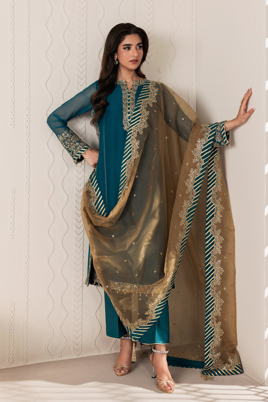 Teal Blue Sequins Embroidered Chiffon Suit with Raw Silk Trousers and Organza Dupatta