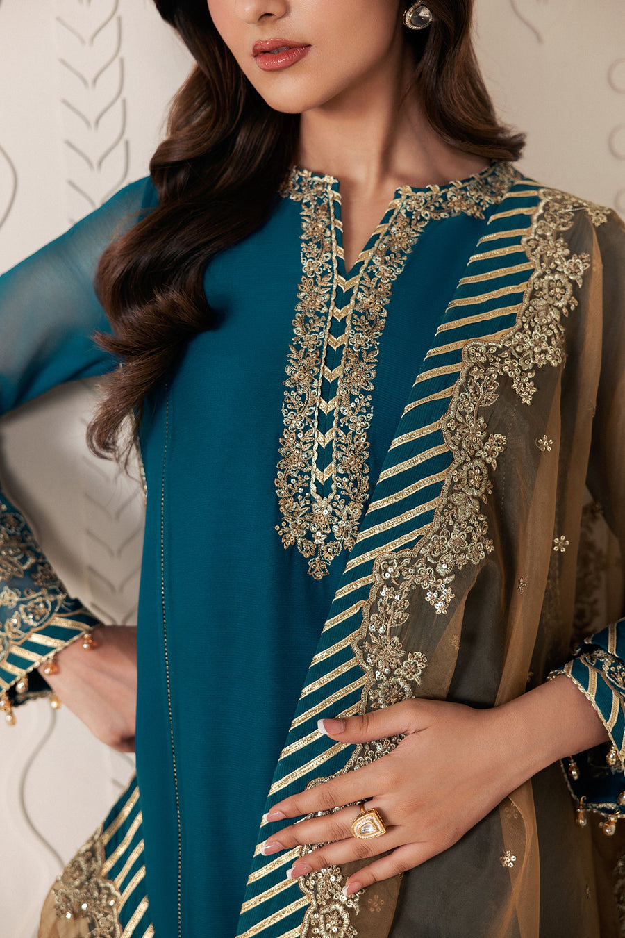 Teal Blue Sequins Embroidered Chiffon Suit with Raw Silk Trousers and Organza Dupatta