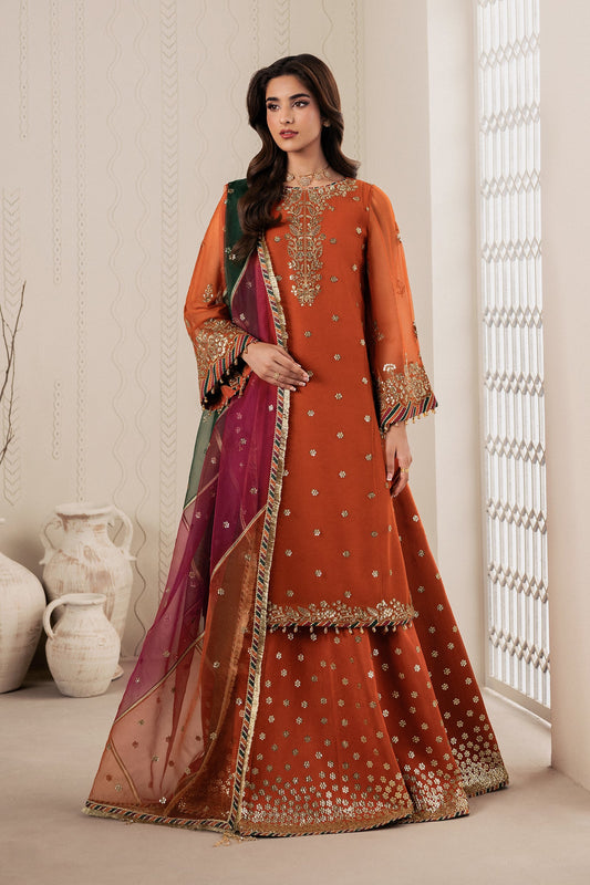 Rust Orange Sequins Embroidered Chiffon Sharara Suit with Organza Dupatta