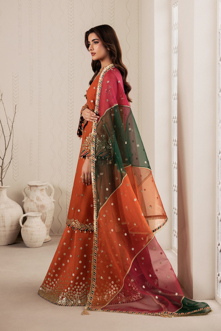Rust Orange Sequins Embroidered Chiffon Sharara Suit with Organza Dupatta