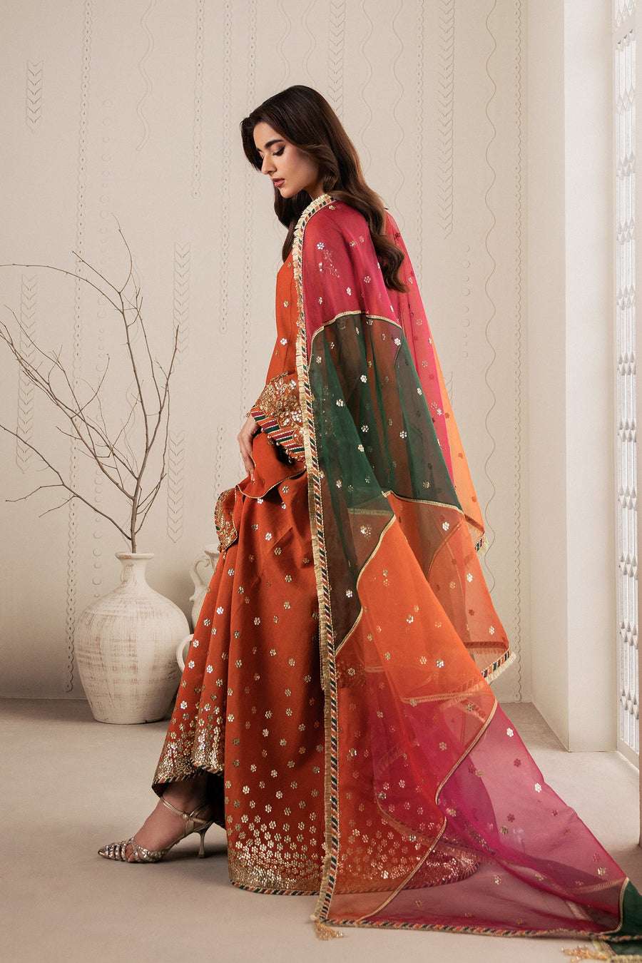 Rust Orange Sequins Embroidered Chiffon Sharara Suit with Organza Dupatta