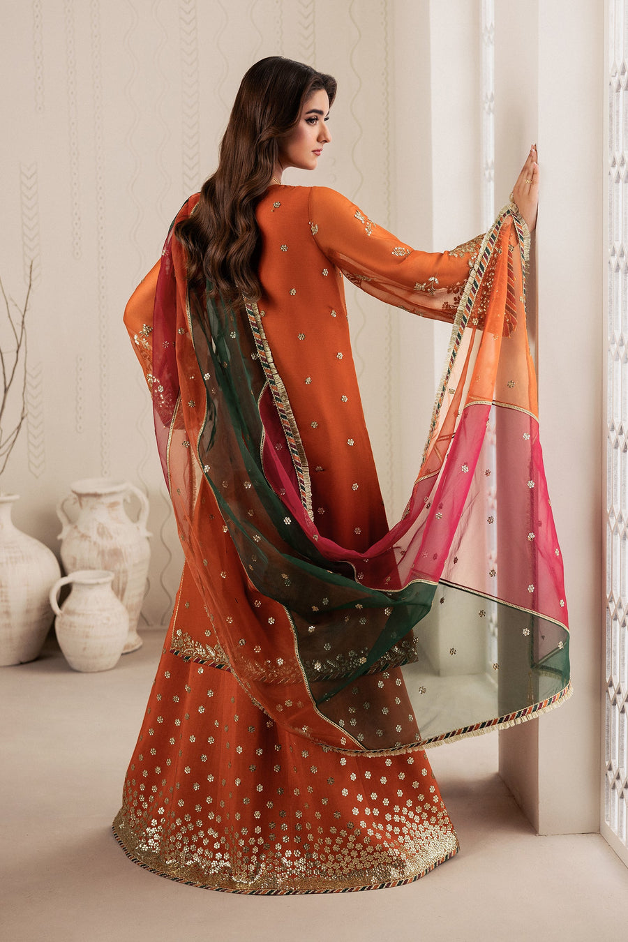 Rust Orange Sequins Embroidered Chiffon Sharara Suit with Organza Dupatta