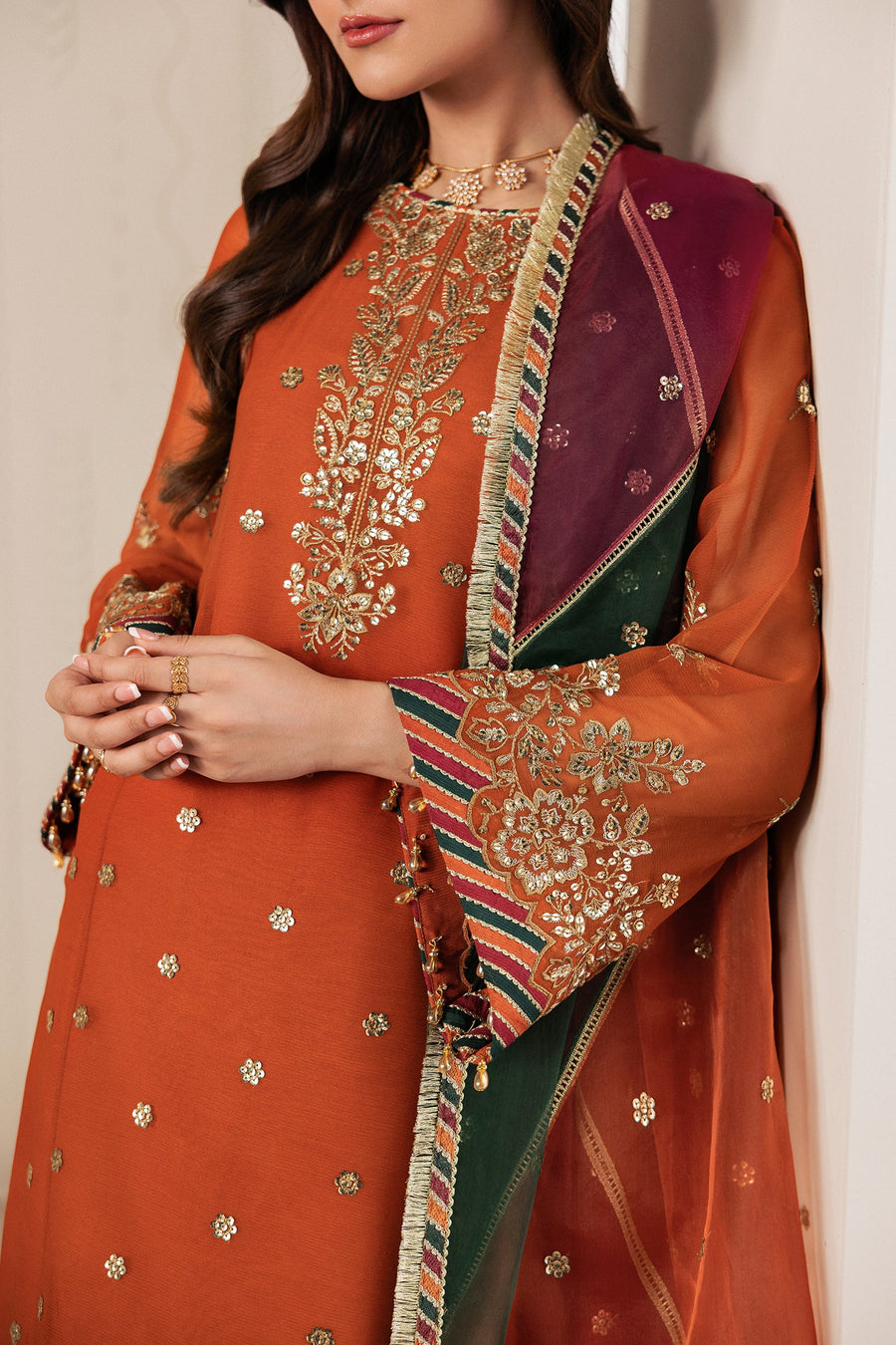 Rust Orange Sequins Embroidered Chiffon Sharara Suit with Organza Dupatta
