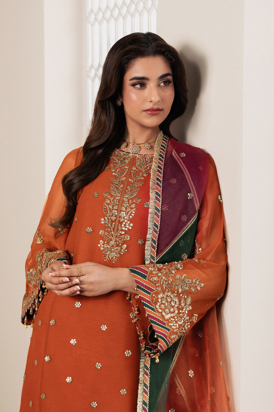 Rust Orange Sequins Embroidered Chiffon Sharara Suit with Organza Dupatta