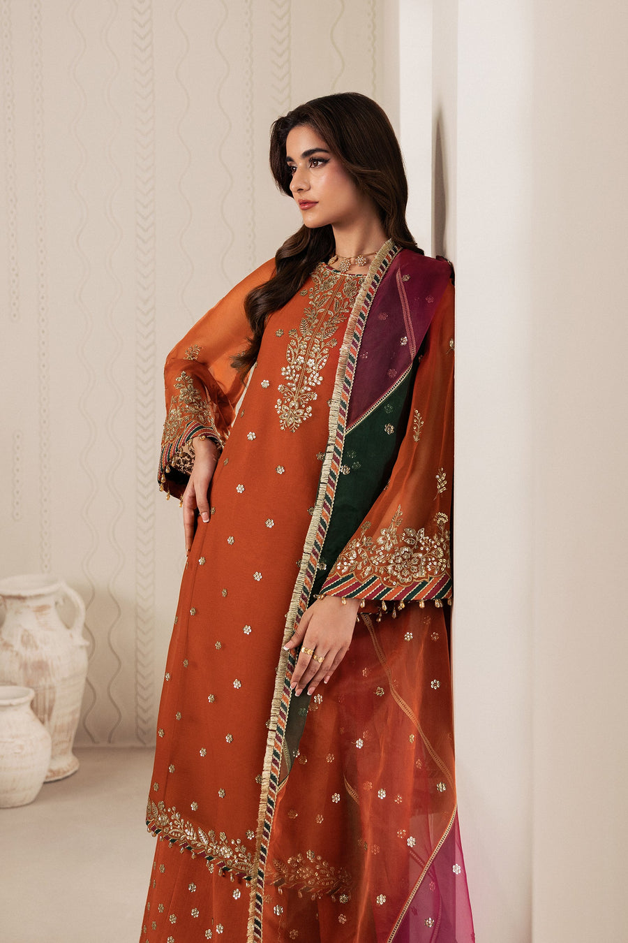 Rust Orange Sequins Embroidered Chiffon Sharara Suit with Organza Dupatta