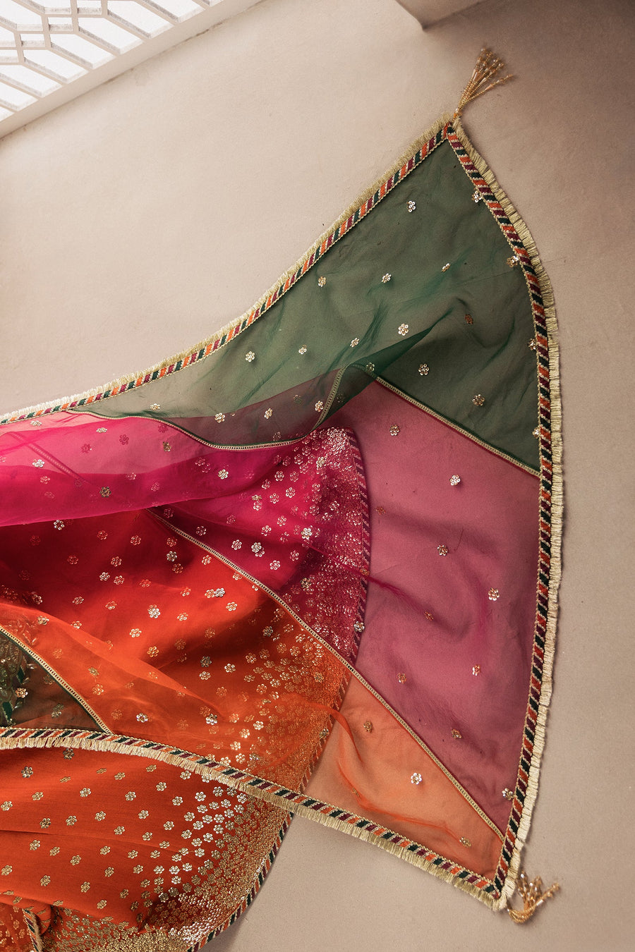 Rust Orange Sequins Embroidered Chiffon Sharara Suit with Organza Dupatta