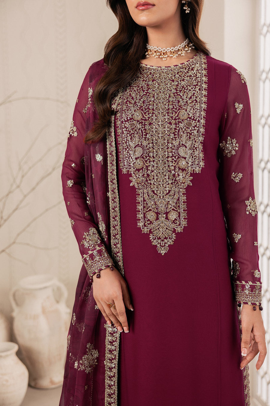 Plum Sequins Embroidered Chiffon Sharara Suit with Chiffon Dupatta