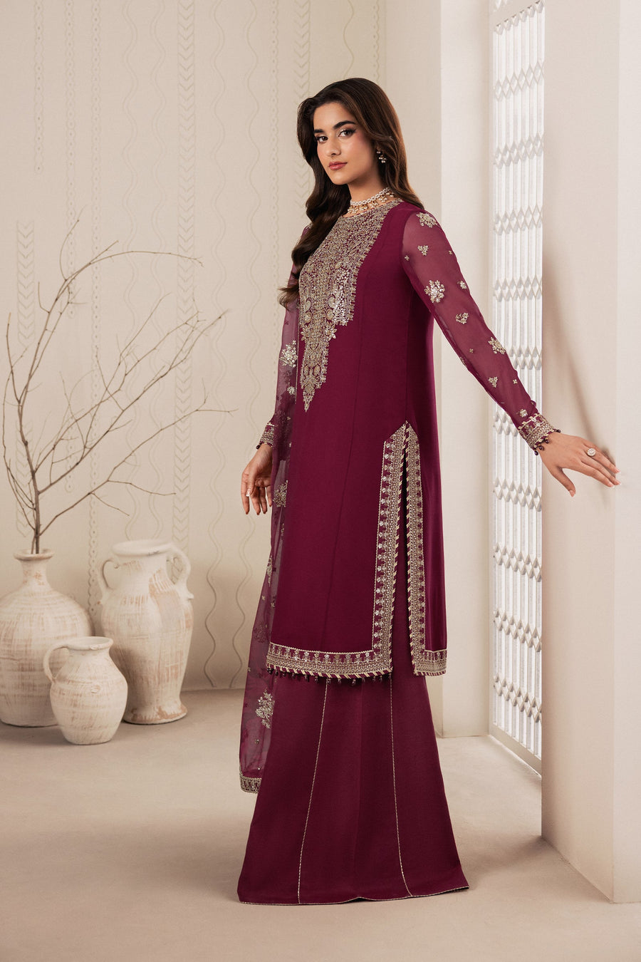 Plum Sequins Embroidered Chiffon Sharara Suit with Chiffon Dupatta