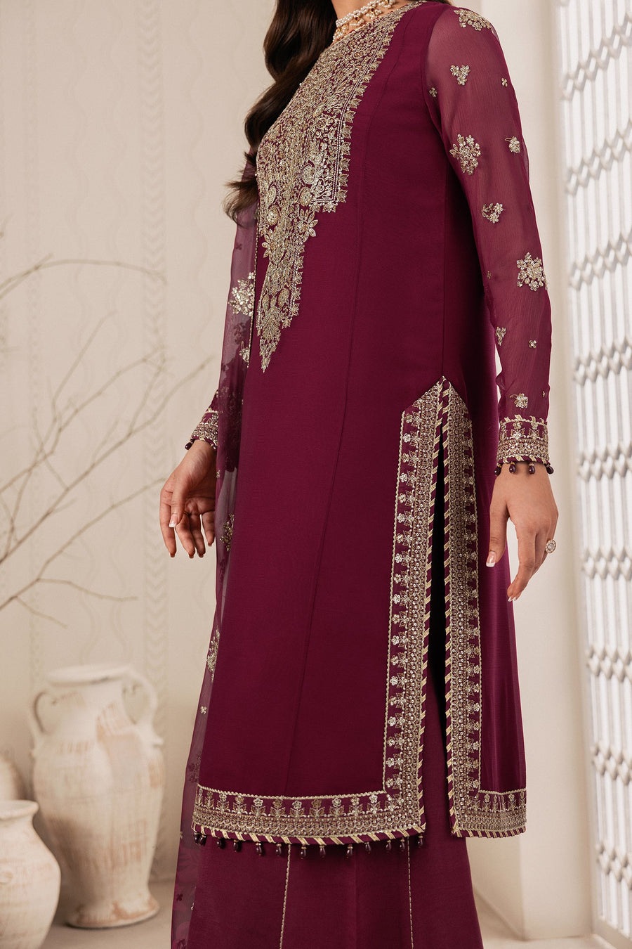 Plum Sequins Embroidered Chiffon Sharara Suit with Chiffon Dupatta