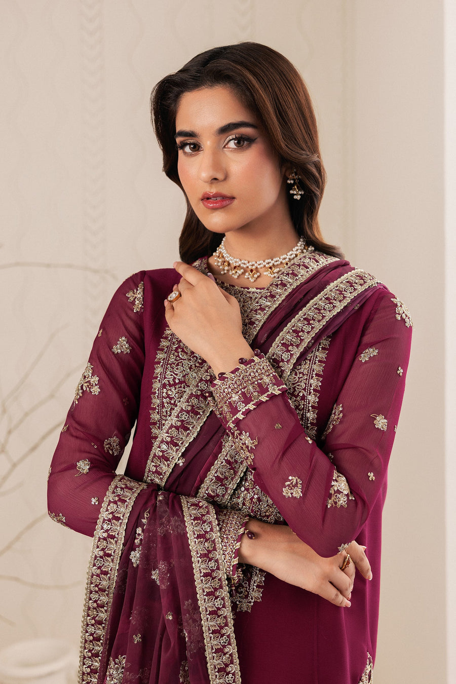 Plum Sequins Embroidered Chiffon Sharara Suit with Chiffon Dupatta