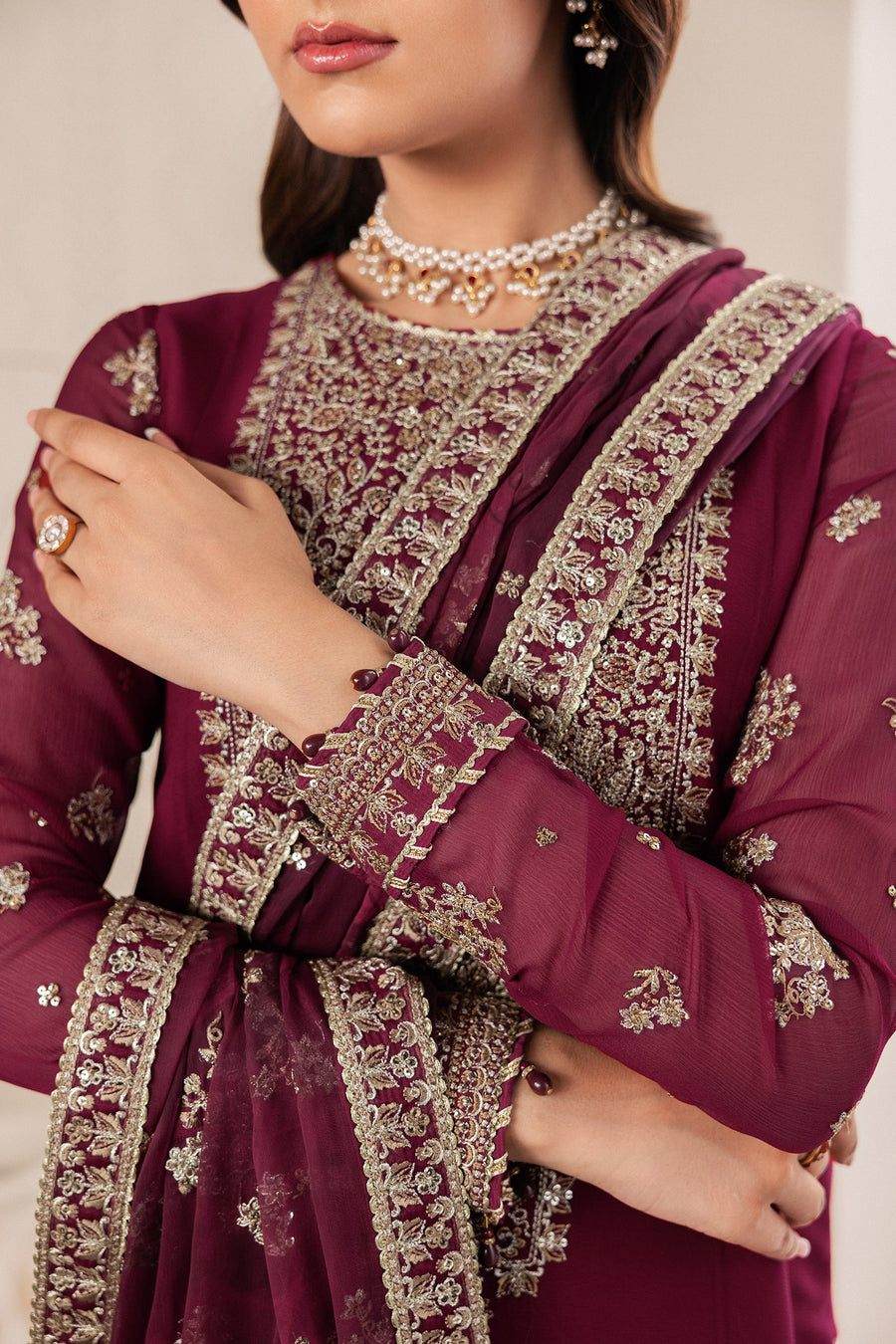 Plum Sequins Embroidered Chiffon Sharara Suit with Chiffon Dupatta